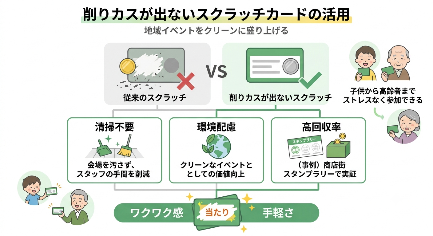 削りカスが出ないスクラッチカードの活用
