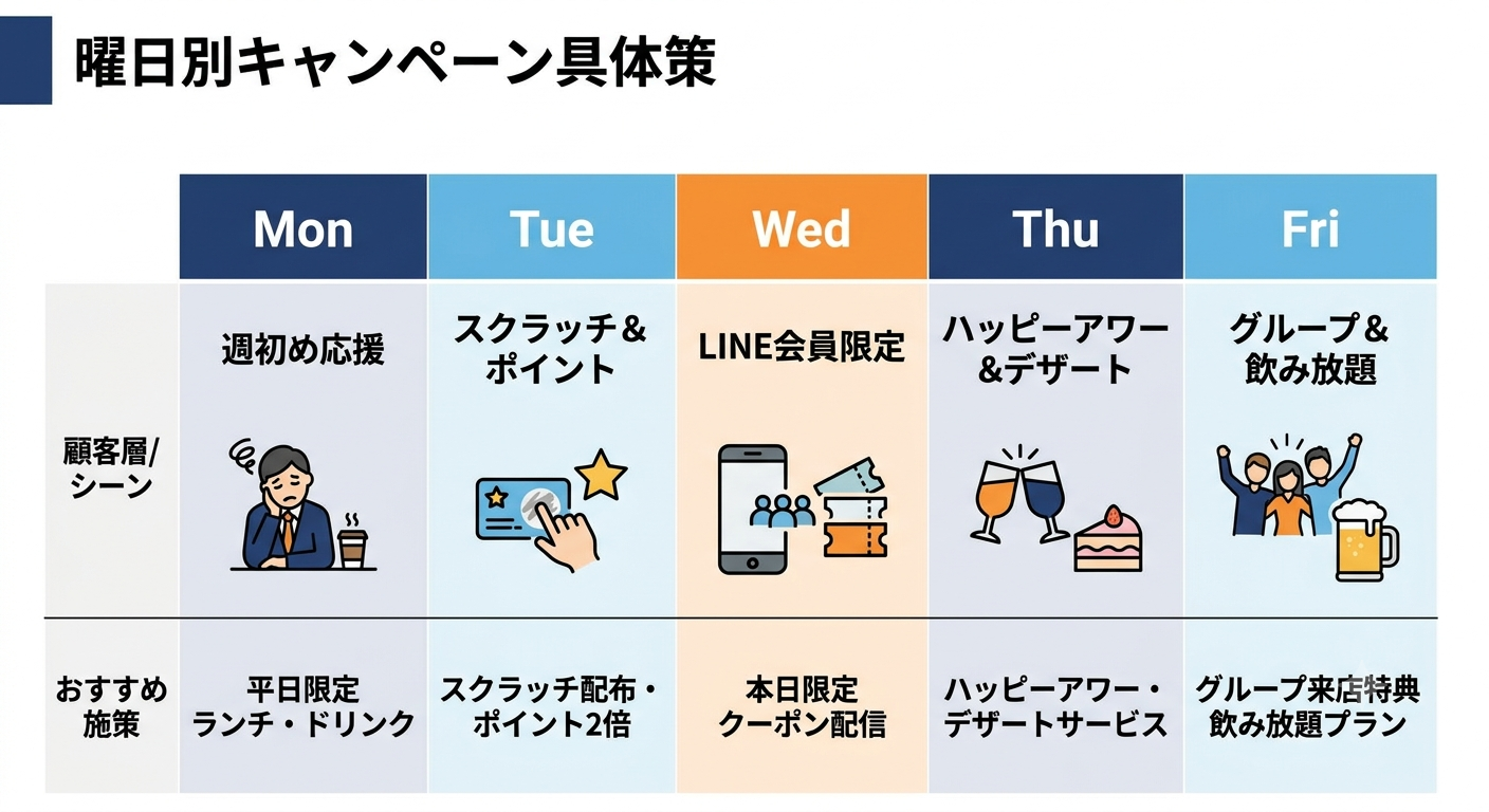 曜日ごとにキャンペーン内容を変える